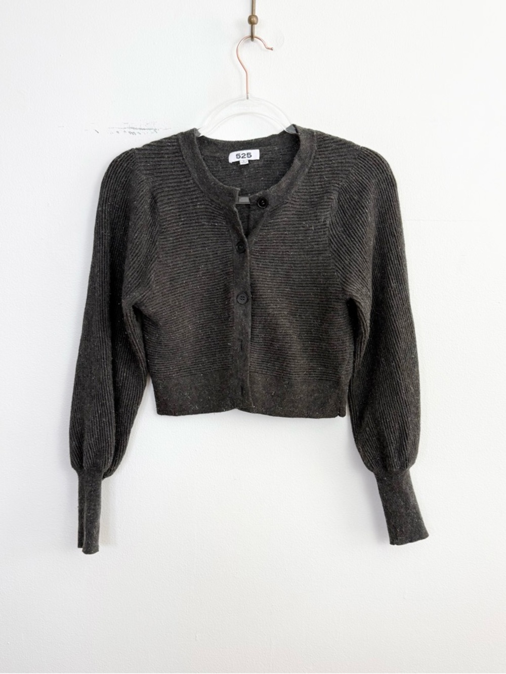 525 America Cropped Rib Cardigan Brown Gray Metallic Knit Puff Sleeve Small